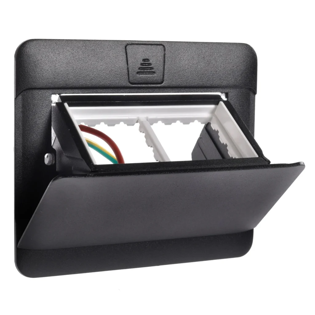 Pop-up distribution board with flush-mounted design for clean indoor power access, featured in LNL Qatar and Saudi Arabia commercial and modular setups