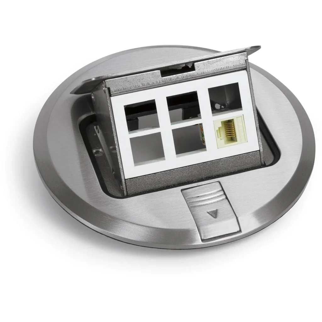 Pop-up distribution board with flush-mounted design for clean indoor power access, featured in LNL Qatar and Saudi Arabia commercial and modular setups